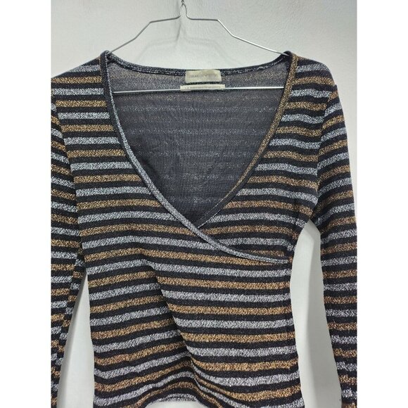 Urban Outfitters Womens Crop Top Size Small Black Gold Striped Metallic Surplice - Picture 3 of 8